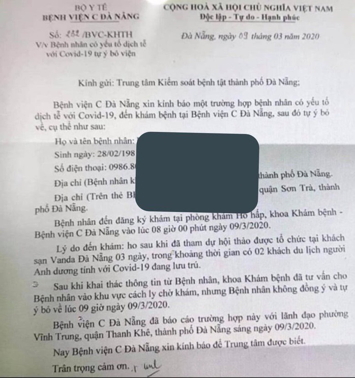 Đà Nẵng: Bệnh nhân có yếu tố dịch tễ với Covid-19, tự ý bỏ viện - Ảnh 1.