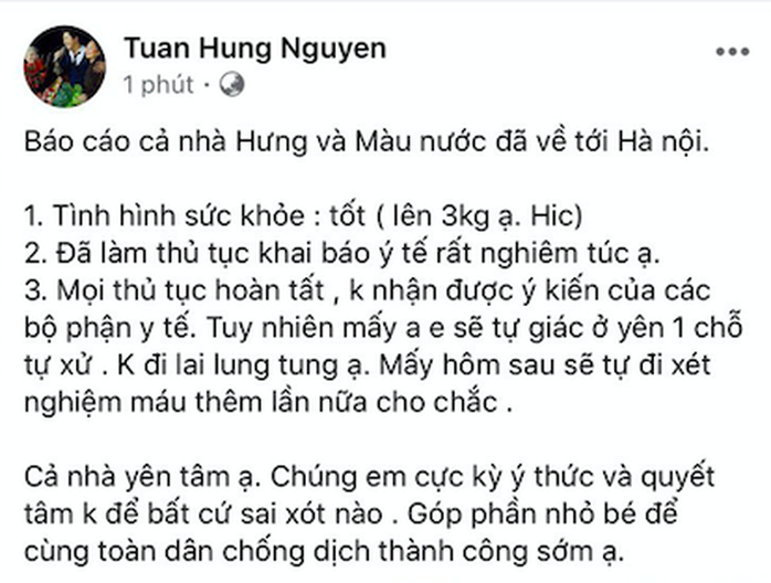 Từ Mỹ về, ca sĩ Tuấn Hưng tự nguyện cách ly - Ảnh 1.