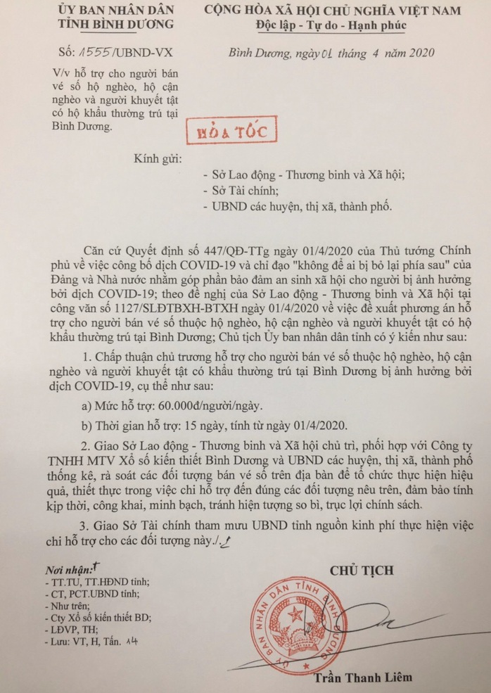 Bình Dương hỗ trợ người bán vé số, người khuyết tật 60.000 đồng/ ngày - Ảnh 1.