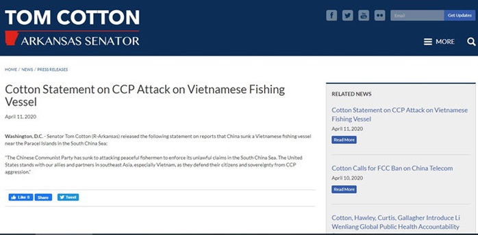 Thượng nghị sĩ Mỹ lên án tàu hải cảnh Trung Quốc đâm chìm tàu cá Việt Nam  - Ảnh 1.