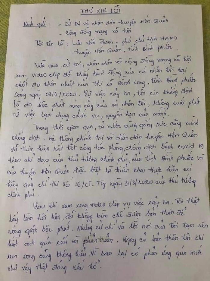 Phó Chủ tịch HĐND chống đối đo thân nhiệt gửi thư xin lỗi, nộp đơn từ chức - Ảnh 1.