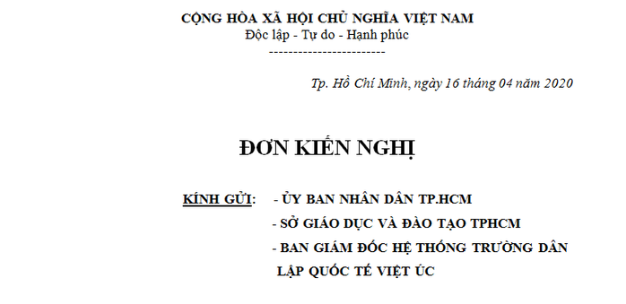 Bức xúc về học phí, phụ huynh Trường Quốc tế Việt Úc gửi đơn kiến nghị lên UBND TP HCM - Ảnh 1.