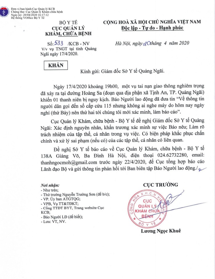 Bộ Y tế yêu cầu báo cáo vụ tai nạn giao thông nguy kịch, gọi điện 115 không nghe máy - Ảnh 1.