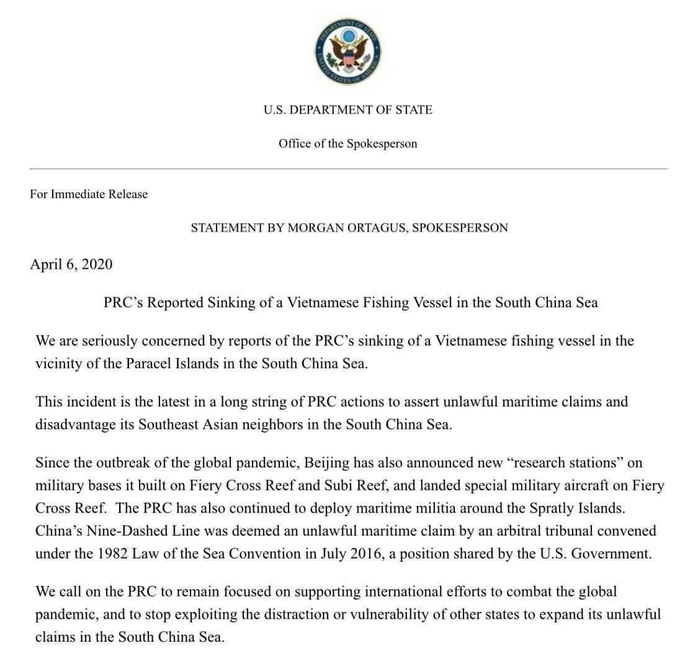 Mỹ lên án vụ tàu hải cảnh Trung Quốc đâm chìm tàu cá Việt Nam - Ảnh 2.