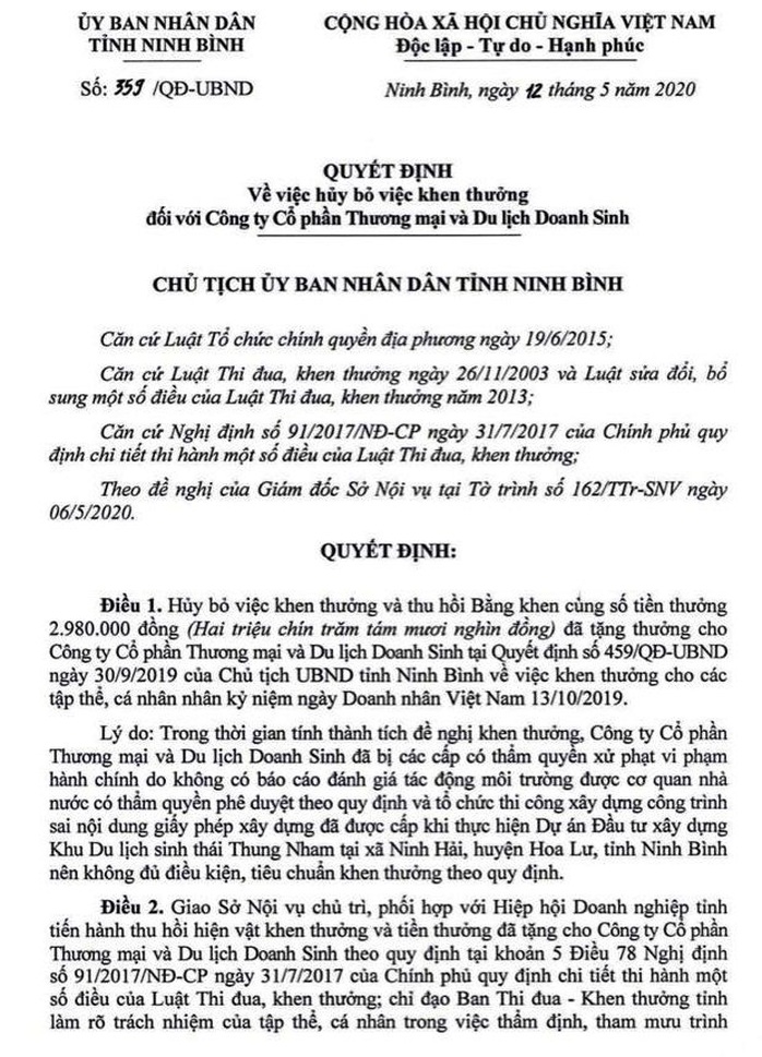 Ninh Bình thu hồi bằng khen tặng cho doanh nghiệp liên tiếp xâm hại di sản Tràng An - Ảnh 3.