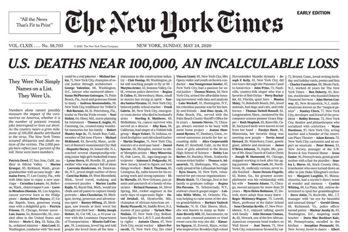 New York Times in tên 1.000 bệnh nhân qua đời vì Covid-19 lên trang nhất - Ảnh 1.