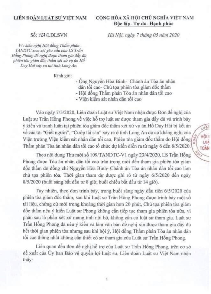 Vụ Hồ Duy Hải: TAND Tối cao chấp nhận kiến nghị của Liên đoàn Luật sư Việt Nam - Ảnh 2.