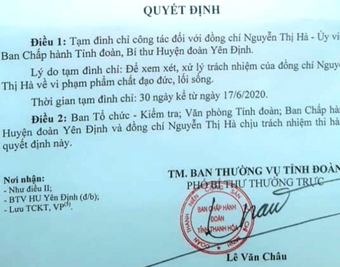 Tạm đình chỉ công tác nữ bí thư huyện đoàn vi phạm đạo đức, lối sống - Ảnh 1.