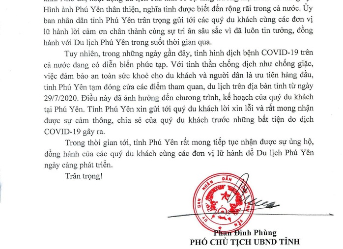 Phú Yên gửi thư xin lỗi du khách vì đóng cửa các điểm du lịch - Ảnh 1.