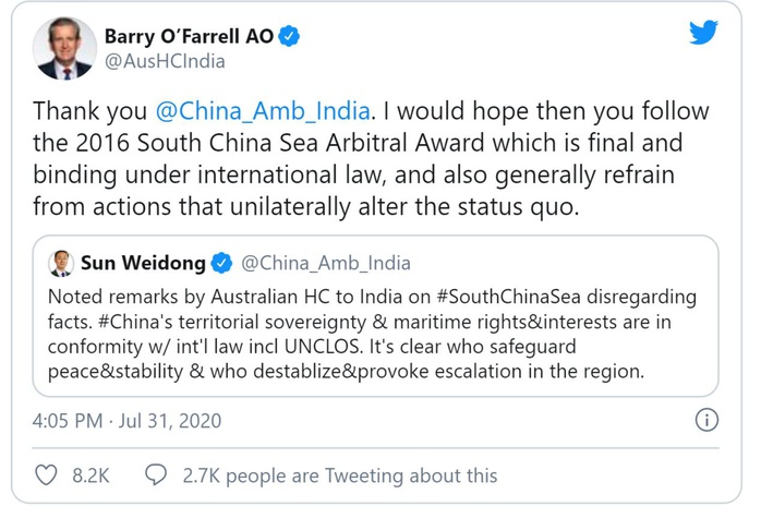 Nhà ngoại giao Trung Quốc và Úc tại Ấn Độ khẩu chiến vì biển Đông - Ảnh 2.