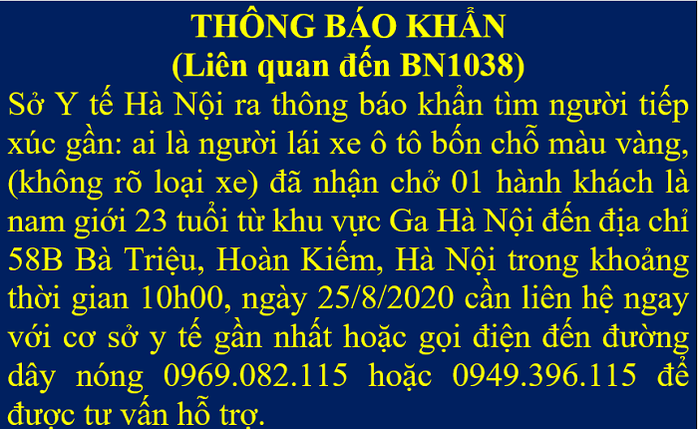 Hà Nội thông báo khẩn tìm tài xế chở bệnh nhân dương tính với SARS-CoV-2 - Ảnh 2.