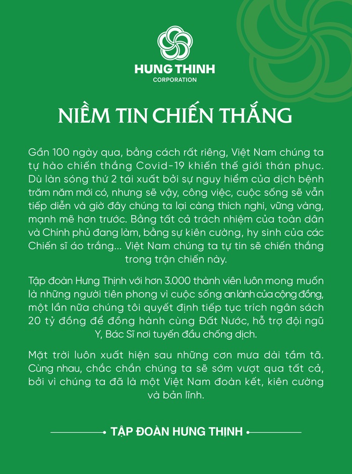 Tập đoàn Hưng Thịnh ủng hộ 20 tỉ đồng cho hoạt động phòng, chống Covid-19 - Ảnh 1.