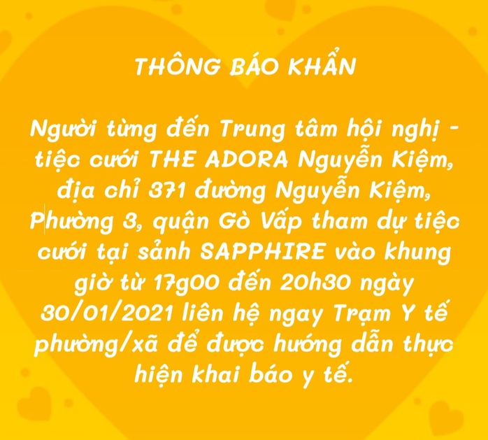 TP HCM truy tìm người từng đến nhà hàng tiệc cưới Adora - Ảnh 1.