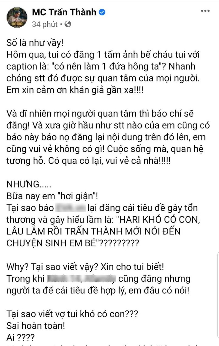 Trấn Thành bức xúc phản bác bài báo nói Hari Won khó có con - Ảnh 2.