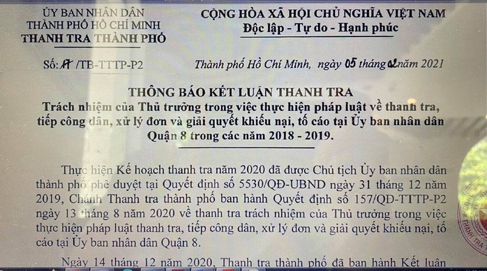 Thông báo kết luận thanh tra liên quan Phòng Quản lý đô thị quận 8, TP HCM - Ảnh 1. Thông báo kết luận thanh tra liên quan Phòng Quản lý đô thị quận 8, TP HCM - Ảnh 1.