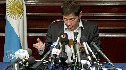 Argentina&apos;s Economy Minister Axel Kicillof speaks to the media at a press conference at the Argentine Consulate in New York.