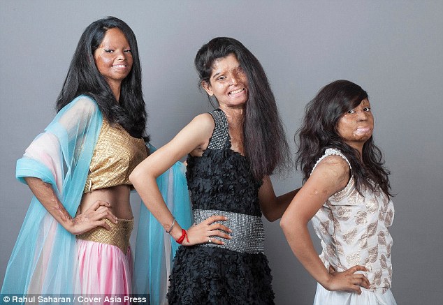 Inspirational: Acid attack survivors pose as models for a fashion shoot (from left to right: Laximi, Rita, Rupa)