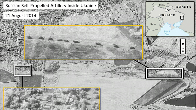 A handout photo provided on August 28, 2014 by DigitalGlobe via NATO allegedly shows Russian military units moving in a convoy formation with self-propelled artillery in the area of Krasnodon, Ukraine (AFP Photo / HO / DigitalGlobe)