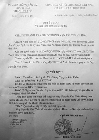 Quyết định đình chỉ công tác cán bộ thanh tra giao thông của Chánh thanh tra Sở Giao thông Vận tải tỉnh Thanh Hóa