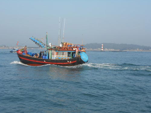 Tàu của ngư dân Khánh Hòa đang đánh bắt hải sản bằng lưới mùng 3 lớp ở vùng biển đảo Lý Sơn