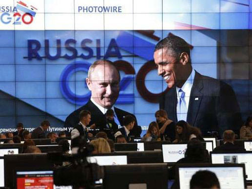 Tổng thống Nga Vladimir Putin (trái) và Tổng thống Mỹ Barack Obama trong lần gặp nhau tại Hội nghị thượng đỉnh G20 ở St Petersburg - Nga tháng 9-2013 Ảnh: REUTERS