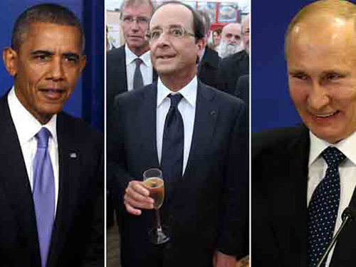 Tổng thống Pháp François Hollande (giữa) sẽ lần lượt ăn tối với Tổng thống Mỹ Barack Obama (trái) 
và Tổng thống Nga Vladimir Putin. Ảnh: AP-EPA