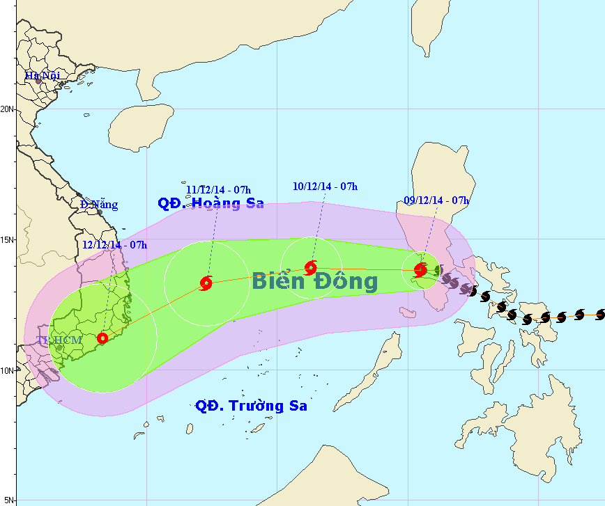 Vị trí và dự báo đường đi của bão Hagupit. Nguồn: Trung tâm dự báo KTTV Trung ương