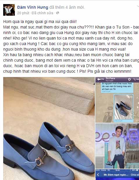 Đàm Vĩnh Hưng than thở mất giày trên Facebook được cho là của anh