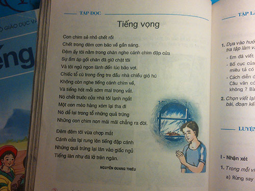 Bài thơ Tiếng vọng của Nguyễn Quang Thiều in trong sách giáo khoa Tiếng Việt lớp 5 nhưng tác giả không hề hay biết