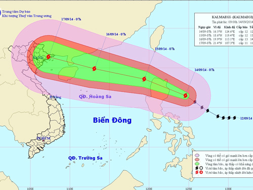 Vị trí và hướng di chuyển của bão Kalmaegi - Nguồn: Trung tâm Dự báo khí tượng thủy văn Trung ương