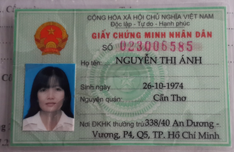 Giấy CMND mang tên Nguyễn Thị Ánh, nhưng hình của kẻ lừa đảo ôtô Altis của anh Nguyễn Anh Khoa.