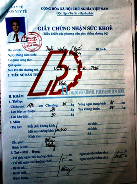 Giấy chứng nhận đủ điều kiện đi học lái xe của ông Trịnh Xuân Ngãi được Bệnh viện Đa khoa thị xã Sầm Sơn cấp
