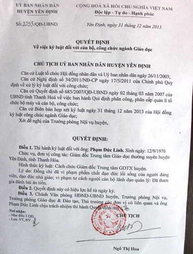 Quyết định cách chức ông Linh vì vi phạm phẩm chất đạo lối sống của người đảng viên, đạo đức nhà giáo.