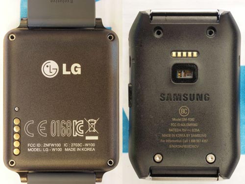 Các chi tiết mặt sau của LG G Watch (trái) và Gear Live của Samsung.