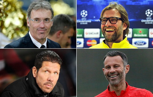 Ai tha thiết đến vị trí HLV của M.U (từ trái qua, trên xuống: Laurent Blanc, Jurgen Klopp, Diego Simeone, Ryan Gyggs)?