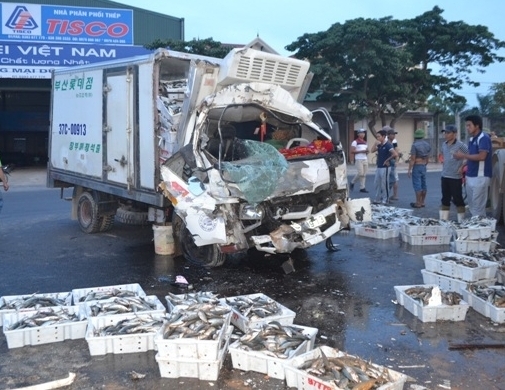 Xe tai bị dập nát phần đầu, hàng tấn cá văng tung tóe trên đường. Anh: Phê Nguyễn.