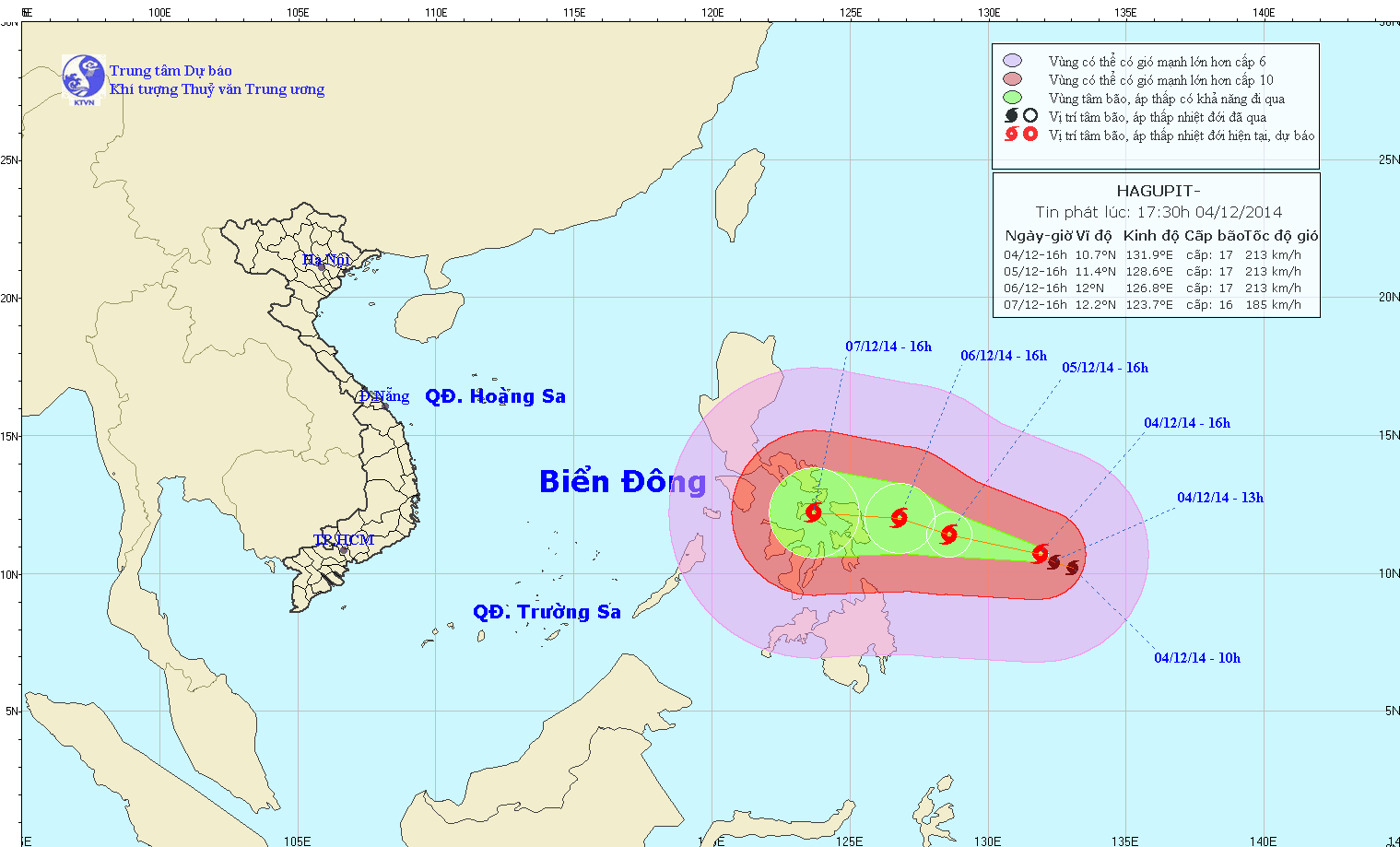 Vị trí và dự báo đường đi của siêu bão Hagupit. Nguồn: Trung tâm Dự báo KTTV Trung ương