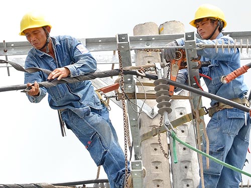 Công nhân EVN cải tạo lưới điện ở huyện Nhà Bè, TP HCM Ảnh TẤN THẠNH