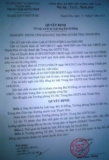 Quyết định giáng chức ông Bùi Sỹ Hồng của Giám đốc Trung tâm giáo dục thường xuyên tỉnh Thanh Hóa