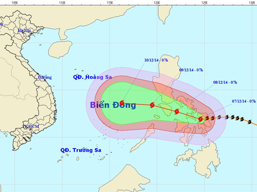 Vị trí và hướng dự chuyển của siêu bão Hagupit - Nguồn: Trung tâm dự báo khí tượng thủy văn TƯ