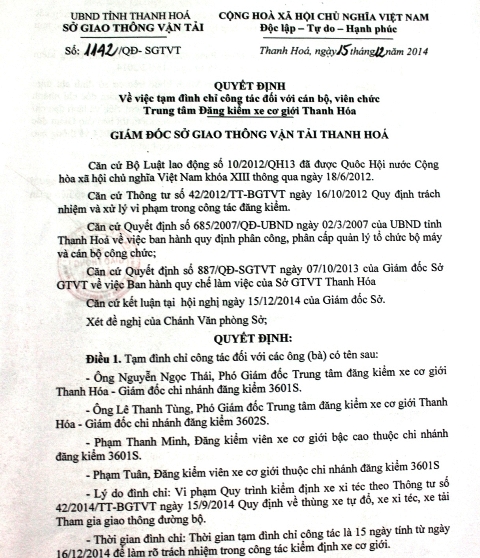 Quyết định tạm đình chỉ công tác 15 ngày đối với 4 cán bộ Trung tâm đăng kiểm xe cơ giới Thanh Hóa