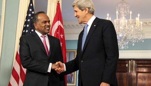 Minister for Foreign Affairs and Minister for Law K. Shanmugam meets United States Secretary of State John Kerry on March 13. -- PHOTO: Ministry of Foreign Affairs, Singapore. 
