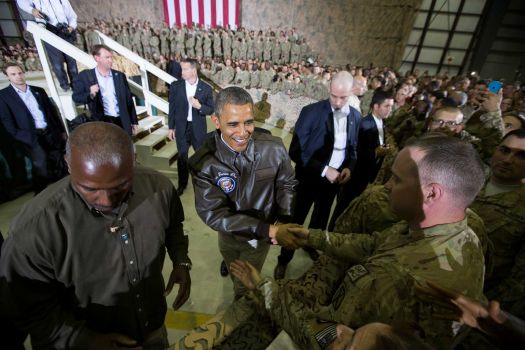 President Barack Obama shakes hands at a troop rally at Bagram Air Field, north of Kabul, Afghanistan, during an unannounced visit, on Sunday, May 25, 2014. Photo: Evan Vucci, AP / AP