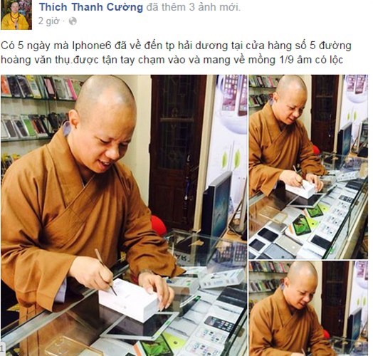 Sư thầy Thích Thanh Cường đang “đập hộp” iPhone 6. Ảnh: facebook