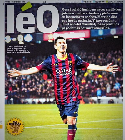 Trang bìa nhật báo Olé (đã mang tên mới Léo) và hình Messi trọn trang