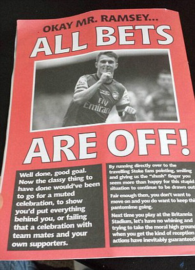 Tờ rơi cảnh báo Ramsey nên thận trọng khi đến sân của Stoke cuối tuần này