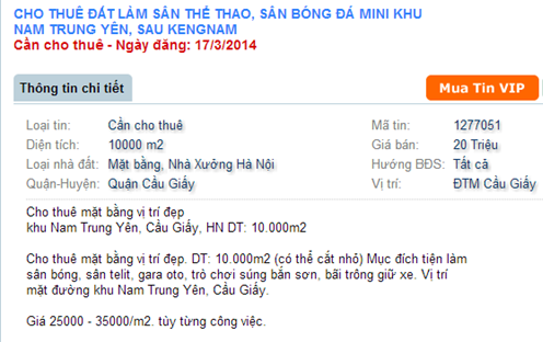 Tin rao cho thuê đất làm sân bóng phổ biến trên internet