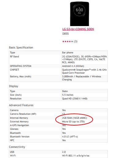 Bảng thông số kỹ thuật của G3 đăng tải trên trang web của LG tại Anh