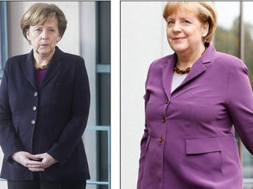 Bà Angela Merkel hiện trông thon gọn hơn so với hồi tháng 10-2013 (bìa phải)Ảnh: Daily Mail