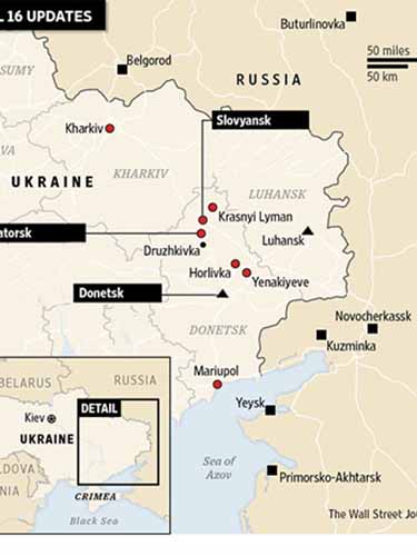 l Những địa phương c&oacute; t&ograve;a nh&agrave; ch&iacute;nh quyền bị c&aacute;c tay s&uacute;ng chiếm giữ hoặc t&igrave;m c&aacute;ch chiếm giữ những ng&agrave;y gần đ&acirc;y.  Những địa phương c&oacute; c&aacute;c t&ograve;a nh&agrave; ch&iacute;nh quyền bị chiếm giữ kể từ ng&agrave;y 6-4. n Theo NATO, c&aacute;c h&igrave;nh ảnh vệ tinh cho thấy bằng chứng về sự tập trung qu&acirc;n của Nga gần bi&ecirc;n giới Ukraine
Nguồn: The Wall Street Journal